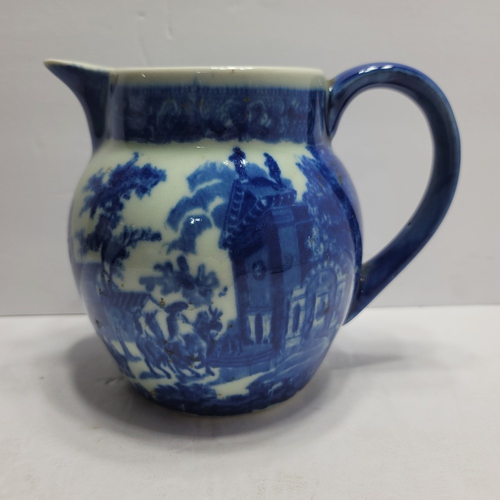 Victoria Ware Ironstone Flow Blue Pitcher Small Creamer Scenic Landscape Jug